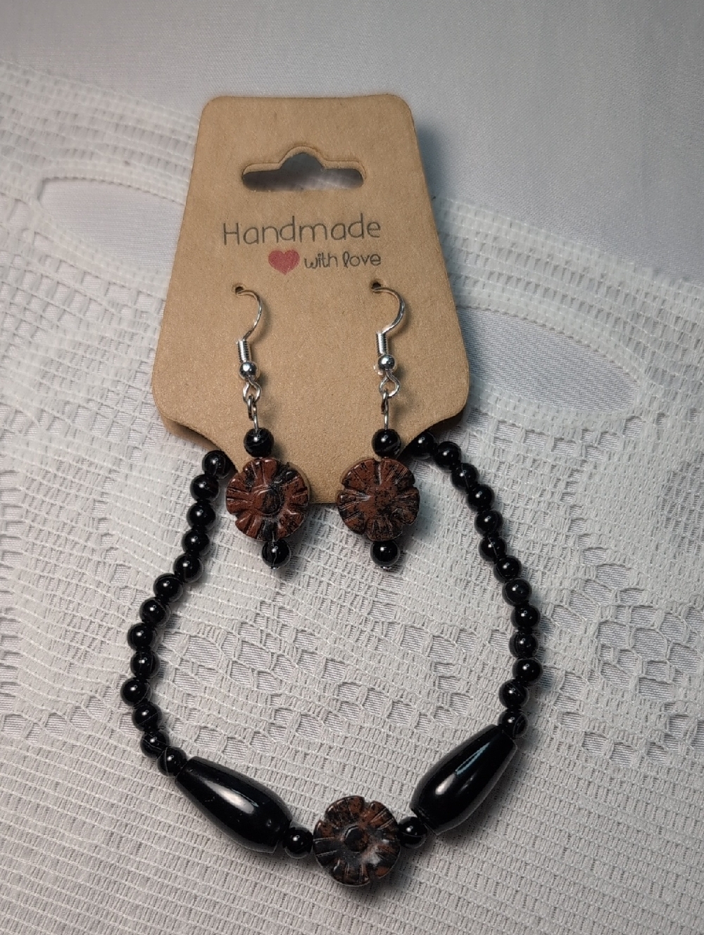 Handmade Mahogany Obsidian With Black Onyx Earring And Bracelet Set